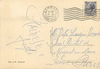 Bergamo - Torre dos Cadutos e Piazza Vittorio Veneto — Edição A.B. n° 7-XI-1925 — Verso