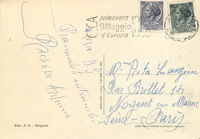 Bergamo — Panorama — widok placu z wieżą dzwonnicową i budynkiem Crédito Italiano — Ediz. A.B. - Bergamo — Rewers