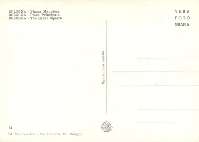 Bologna — Piazza Maggiore — widok z placu z wieżą Pałacu Komunalnego i samochodami z epoki — wydawca Ed. Cartovendita, n° 84 — Rewers