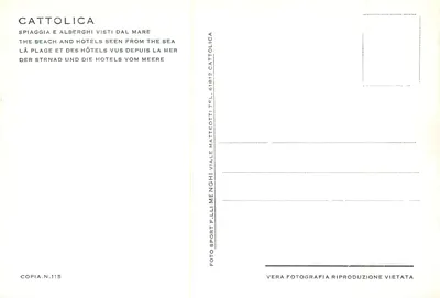 Cattolica — Widok plaży i hoteli z morza — F.Lli Menghini, n°115 — Rewers