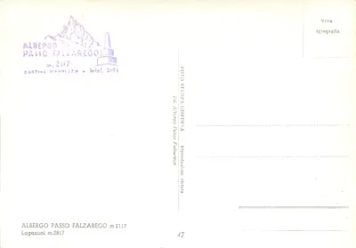 Albergo Passo Falzarego — montanhas áridas e edifício alpino — Ed. Albergo Passo Falzarego n° 17 — Verso