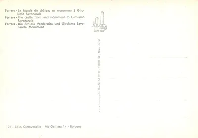 Ferrara - Façada zamku i pomnik Fra Girolama Savonaroli — wydawca Torino-Foto, nr 101 — Rewers
