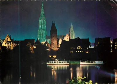 Ulmer Donau — vista noturna da catedral e do porto — Albert Buck, ULM, série 709/12