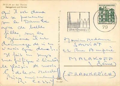 Ulm na ribeira do Danúbio — Torre Metzger e Münster — Bodan-Ansichtskartenverlag Nr. 607 — Verso