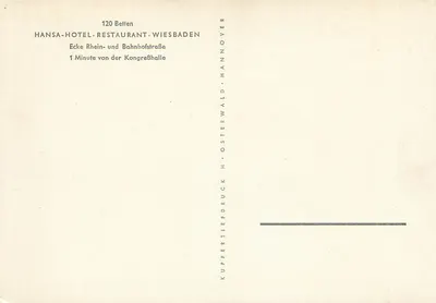 Hansa-Hotel-Restaurant Wiesbaden — rogi ulicy Rhein i Bahnhofstraße — Kupfertiefdruck — Rewers