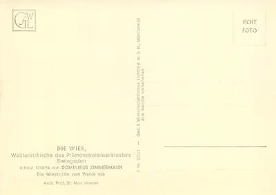 Die Wies, Katedra pielgrzymkowa klasztoru premonstratensów Steingaden — wydawca Ges. f. Wissenschaftliches Lichtbild m. b. H., München, n° 50001 — Rewers