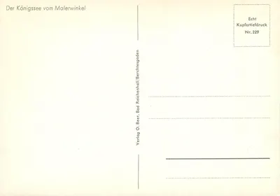 Königssee widziany z Malerwinkel — wydawca O. Beer, Bad Reichenhall/Berchtesgaden, nr 229 — Rewers