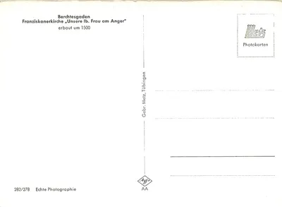 Berchtesgaden — Igreja dos Frades Franciscanos „Nossa Senhora do Largo“ — editor Gebbr. Metz, Tübingen, n° 282/278 — Verso