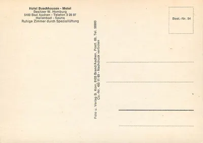 Hotel Buschhausen Bad Aachen — algemene uitzicht met binnenpool en fontein — uitgever B. Korr, n° 54 — Achterkant