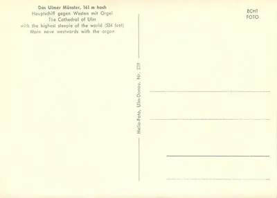 Catedral de Ulm — Nef principal voltada para o oeste com órgão — Helia-Foto, Ulm-Donau, n° 233 — Verso