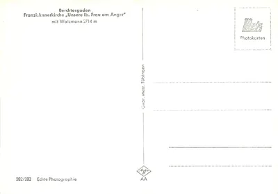 Berchtesgaden — Franziskanerkirche „Unsere liebe Frau am Anger“ z Watzmannem na 2714 m — wydawca Gebr. Metz, Tübingen, n° 282/282 — Rewers