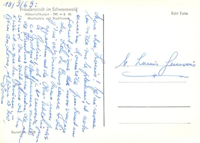 Freudenstadt no Schwarzwald — Hohenlufikurort · 740 m acima do nível do mar — Praça do mercado com a Igreja da Cidade — Echt Foto, Número de encomenda 1038 — Verso