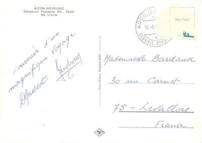 Zamek Burgund na Rzeczce — statek firmy Schweizer Reederei AG, Bazyleja — Alpina-Rhein-Linie — Rewers