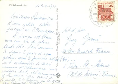 Erlenbach a.Main — Widok panoramiczny z basenem, pavilionem, symbolem cesarza Barbarossy, częścią, pomnikiem, hali sportowej — Wydawnictwo Alfred Dittrmann — Rewers