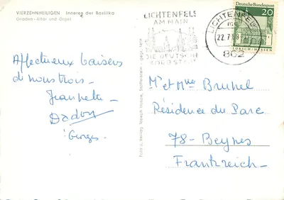 Interior da basílica de Lichtenfels — Vierzehnheiligen, altar e órgão — editor Joseph Hospe, série 1898 — Verso