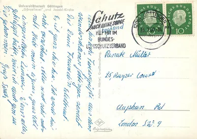 Göttingen — Estátua da Gänselesel e Igreja de Jacob — editor Original-Post — Verso