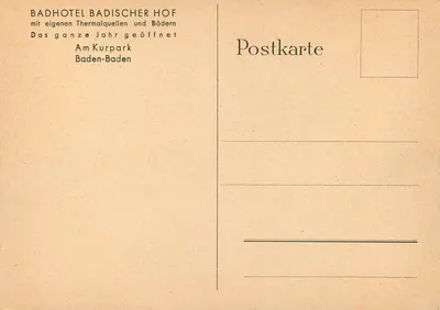 Zakład wanny w Badischer Hof — Baden-Baden — wydawca nieodczytalny — Rewers