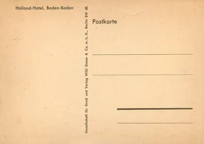 Holland-Hotel, Baden-Baden — vista externa com jardim — editor: Gesellschaft Holland-Hotel, Baden-Baden & Co. m.b.H. — Verso