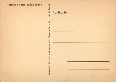 Holland-Hotel, Baden-Baden — widok z zewnątrz — wydawca Willi Simon & Co. m.b.H., Berlin — Rewers
