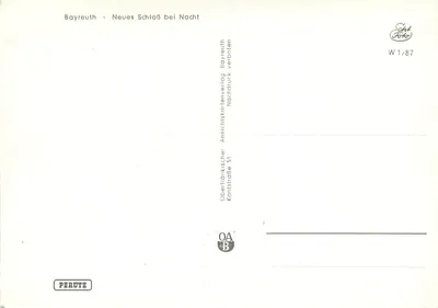 Bayreuth - Nova visão noturna do castelo — Editor: Oberfränkischer Ansichtskartenverlag Bayreuth, n° W1/87 — Verso