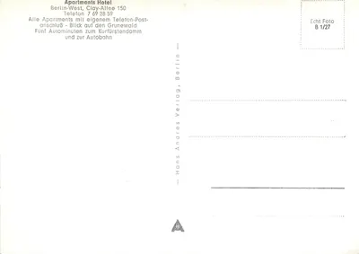 Apartamento-Hotel em Berlim-Oeste — Clay-Allee 150 — editor Hans Andres Verlag, n° B 1/27 — Verso