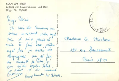 Bilhete postal moderno Colônia no rio Reno — Foto aérea com ponte Severins e catedral — Verso
