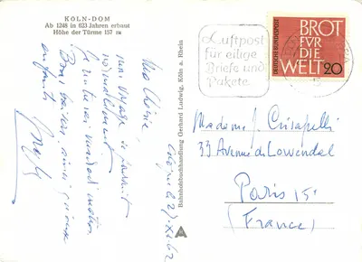 Katedra Kolnii — Ab 1248 in 623 Jahren erbaut, Höhe der Türme 157 m — Bahnhoﬂbuchhandlung Gerhard Ludwig, Köln — Rewers