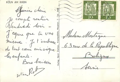 Cólnia no Reno — Colagem de vistas urbanas e da catedral — Verlag Köln — Verso