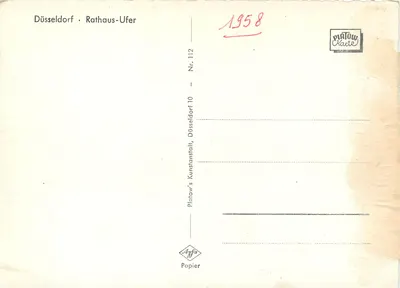Düsseldorf - Rathaus-Ufer — widok portu z parowcem i kranem — wydawca Platow Kaste, nr 112 — Rewers