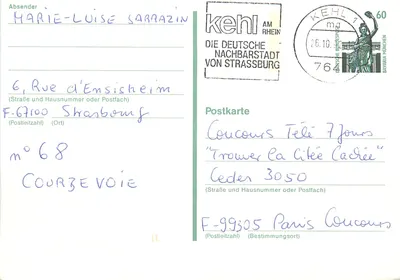 Kehl am Rhein — carta postal promocional para um concurso — editor não visível