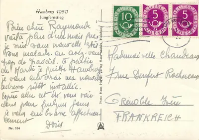 Ansicht der Flussufer und Gebäude in Hamburg — Photo Hans Hartz, Nr. 104 — Rückseite