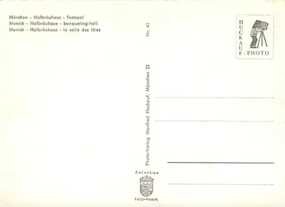 Munique. Hofbräuhaus - Salão de festas — Sala de festas do Hofbräuhaus — Photo-Verlag Huckauf, Munique — Verso