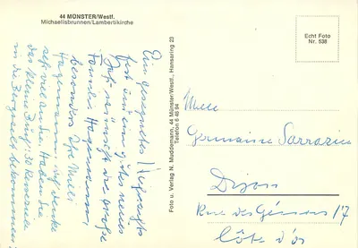 Münster/Westf. — Fontanna Michaelis i Kościół Lambertikirche — Foto u. Verlag N. Muddemann, Nr. 538 — Rewers