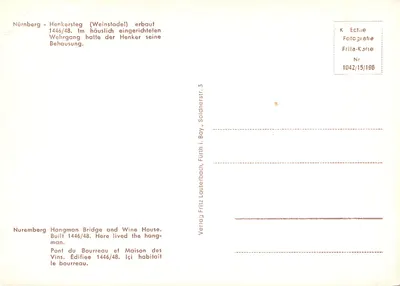 Nuremberg - Henkersteg (Weinstadel) — casa do carrasco e ponte, editor Frila-Karte, n° 1042/15/196 — Verso