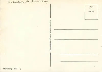Castelo de Nuremberg — vista panorâmica — Verlag Ludwig Simon, München-Pullach, n° 420 — Verso