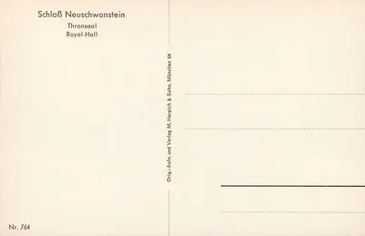 Castelo de Neuschwanstein — Salão Real (Thronsaal) — Original. Foto e Editoria M. Herpich & Sohn, Munique 54 — Verso