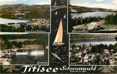 Titisee Schwarzwaldb — vista panorâmica com lago, barco, aldeia — Verlag Erwin Burda, 81/805