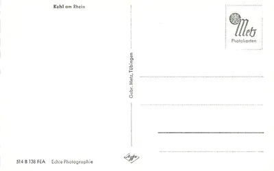 Kehl am Rhein — vista aérea da cidade e do rio — editor Gebr. Metz, Tübingen, n° 514 B 138 FEA — Verso