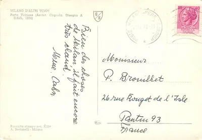 Porta Ticinese — Milão — editor A. Bertarelli, série Raccolta Stampe sec. XIX — Verso