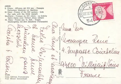Assisi - Fresko aus dem 14. Jahrhundert - Krippe - Detail der Jungfrau mit dem Kind — Rückseite