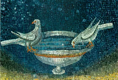 Galla Placidia (século VI) — Duas pombas se refrescando em um recipiente — Editor F.lli Leonardi, n°19
