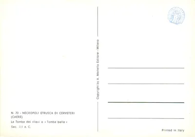 Grób etruskaski w Cerveteri — Grób z wyrzeźbionymi elementami lub « Piękny Grób » — Wydawca A. Martello, n° 70 — Rewers