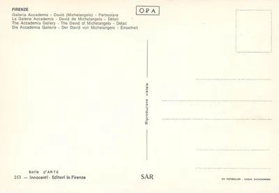 David (Michelangelo) — szczegół pomnika — seria ARTE nr 353, wydawca Innocenti w Florencji — Rewers