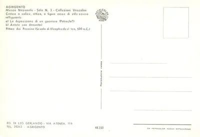 Attycki krater z figurami czerwonymi — pochówek żołnierza i tancerzy — wydawca Leo Gerlando, nr 48350 — Rewers