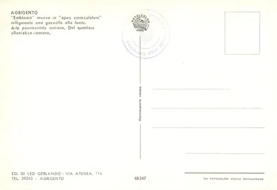 Agrigento — Emblema murivo w stylu 'opus verniculatum' przedstawiające gazęłkę przy fontannie — Wyd. Di Leo Gerlando — Rewers