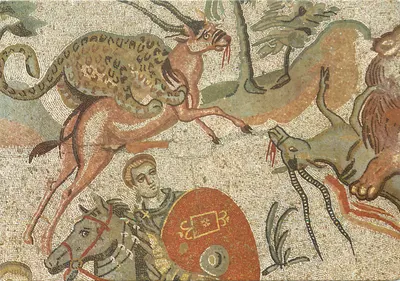 Ambulacro della Caccia (part.) — Promenoir de la Chasse (dét.) — Mosaico pavimental romano — Sicília, Piazza Armerina (Villa Imperiale) — Edições Béatrice d'Este, n° 1043