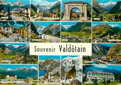 Lembrança Valdostana — Colagem de locais valdostanos — Ed. F.lli Enrico - Ivrea