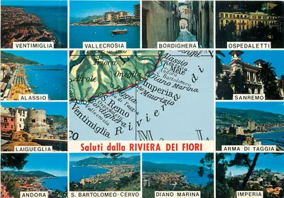 Riviera dei Fiori — Paniorytowa karta pocztowa z 12 miniaturami — Casa delle Cartoline, Sanremo