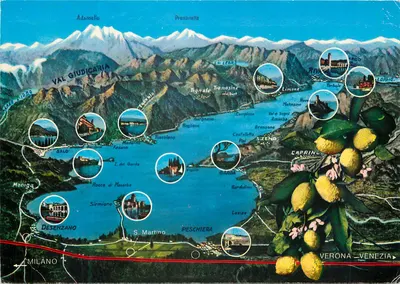 Lago di Garda — Carta postal turística com vista panorâmica e vignettes — Brunner & C., Como