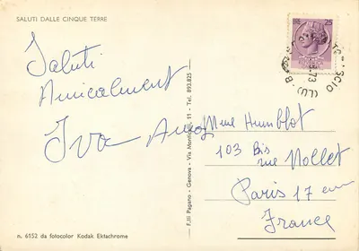 Cinque Terre — Saudações das Cinque Terre — F.III Pagano, n. 6152 — Verso